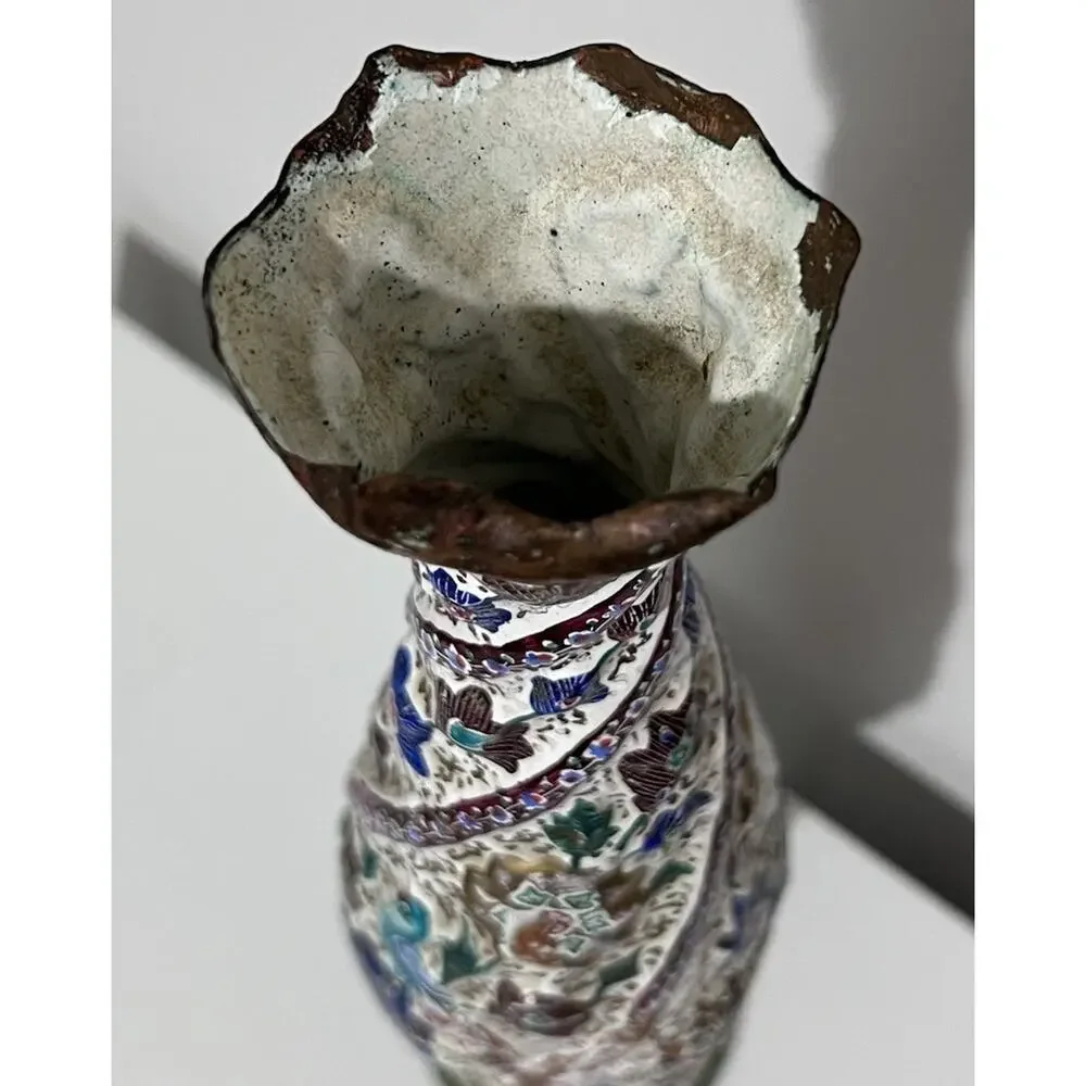 Vintage Antique Iznik Minakari Enameled Birds And Floral Decorations Copper Vase